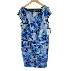 NEW SANDRA DARREN Blue Watercolor Pleated Shift Dress Sz 18 Stretchy Minimalist